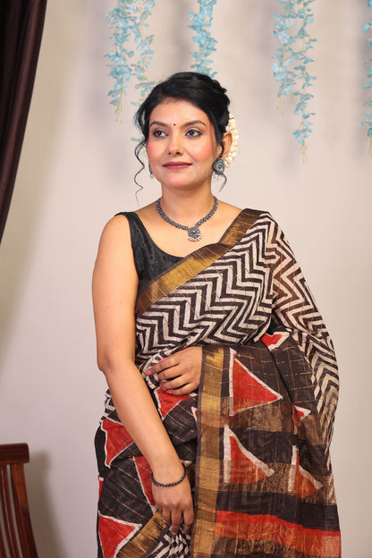 Anuttara Bhagalpuri Multicolor Cotton Silk Zig-Zag/Geometric Saree with Unstitched Blouse_AFS1035-FS