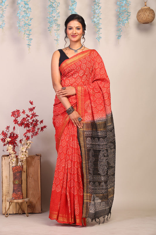 Anuttara Bhagalpuri Red & Black Cotton Silk Paisley/Floral/Checkered Saree with Unstitched Blouse_AFS1037-FS
