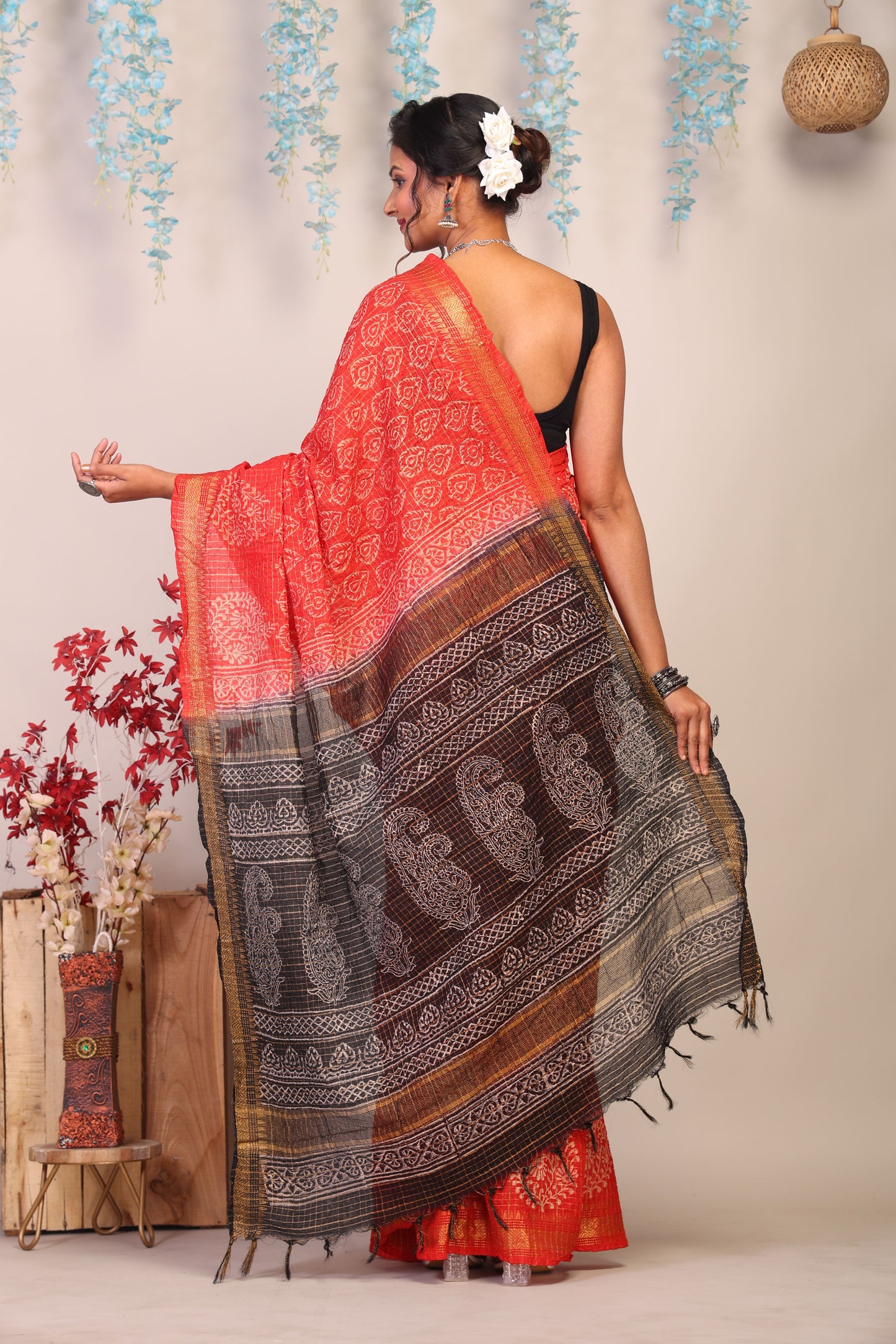 Anuttara Bhagalpuri Red & Black Cotton Silk Paisley/Floral/Checkered Saree with Unstitched Blouse_AFS1037-FS