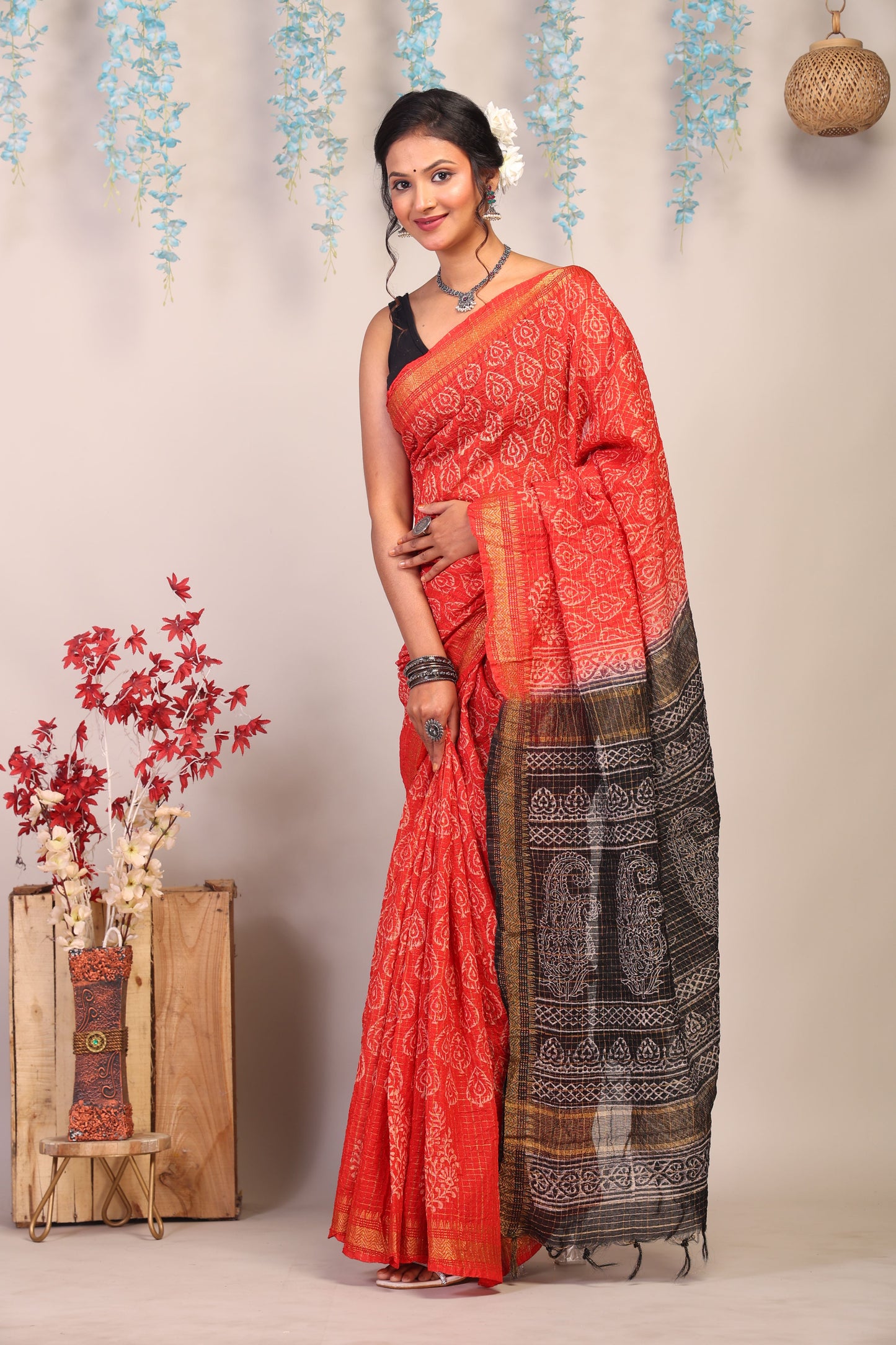 Anuttara Bhagalpuri Red & Black Cotton Silk Paisley/Floral/Checkered Saree with Unstitched Blouse_AFS1037-FS
