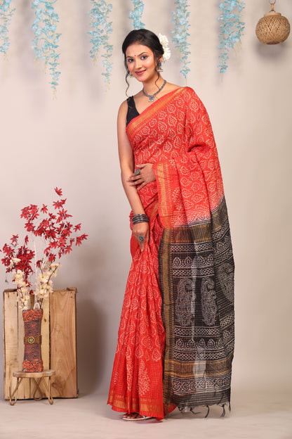 Anuttara Bhagalpuri Red & Black Cotton Silk Paisley/Floral/Checkered Saree with Unstitched Blouse_AFS1037-FS