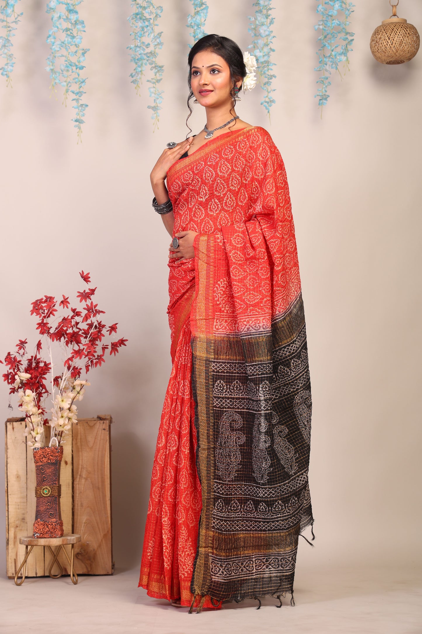 Anuttara Bhagalpuri Red & Black Cotton Silk Paisley/Floral/Checkered Saree with Unstitched Blouse_AFS1037-FS