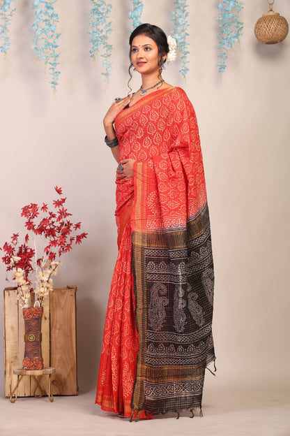 Anuttara Bhagalpuri Red & Black Cotton Silk Paisley/Floral/Checkered Saree with Unstitched Blouse_AFS1037-FS