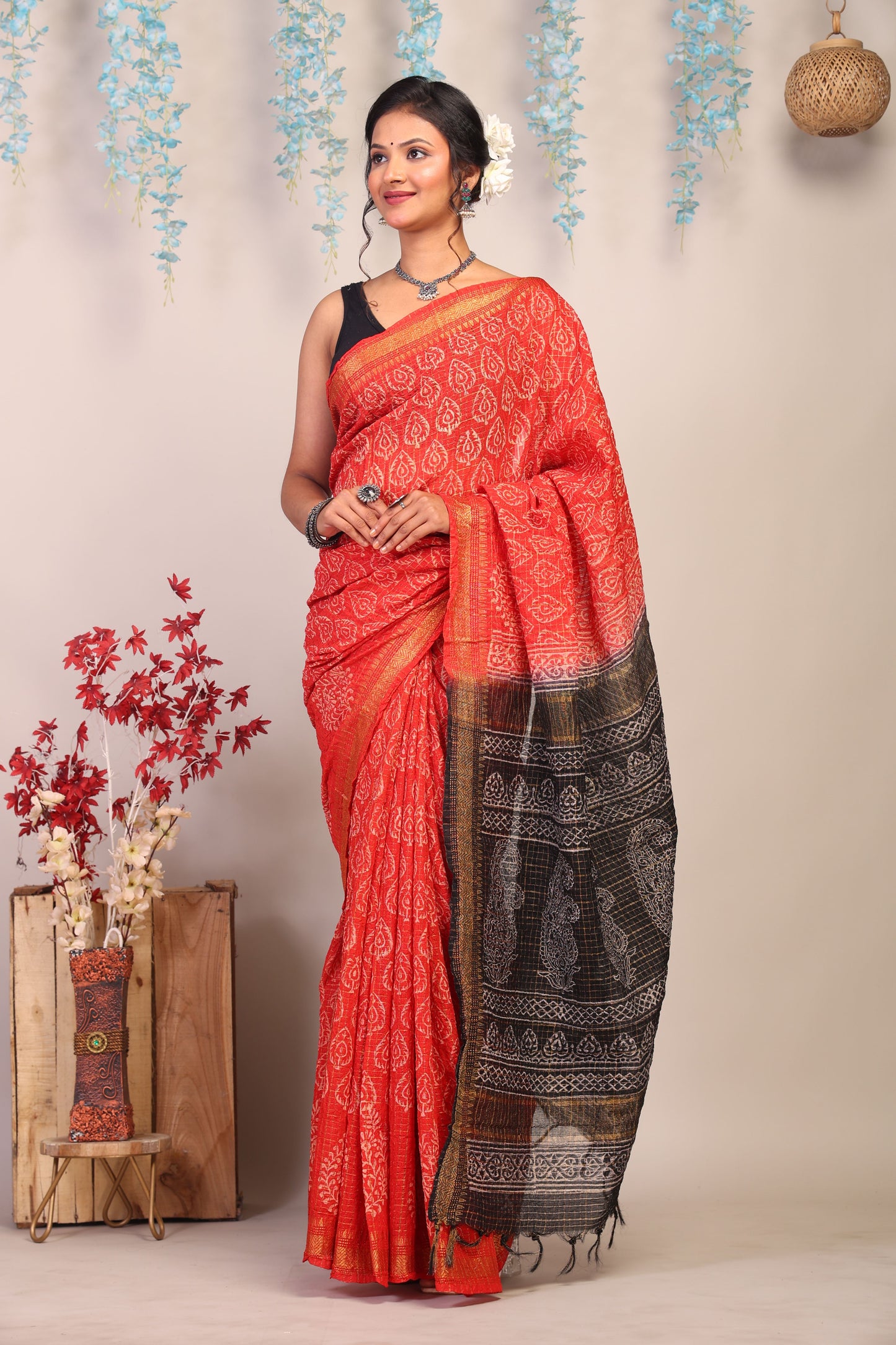 Anuttara Bhagalpuri Red & Black Cotton Silk Paisley/Floral/Checkered Saree with Unstitched Blouse_AFS1037-FS
