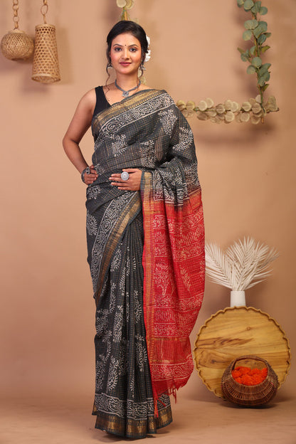 Anuttara Bhagalpuri Black & Red Cotton Silk Paisley/Floral/Checkered Saree with Unstitched Blouse_AFS1038-FS