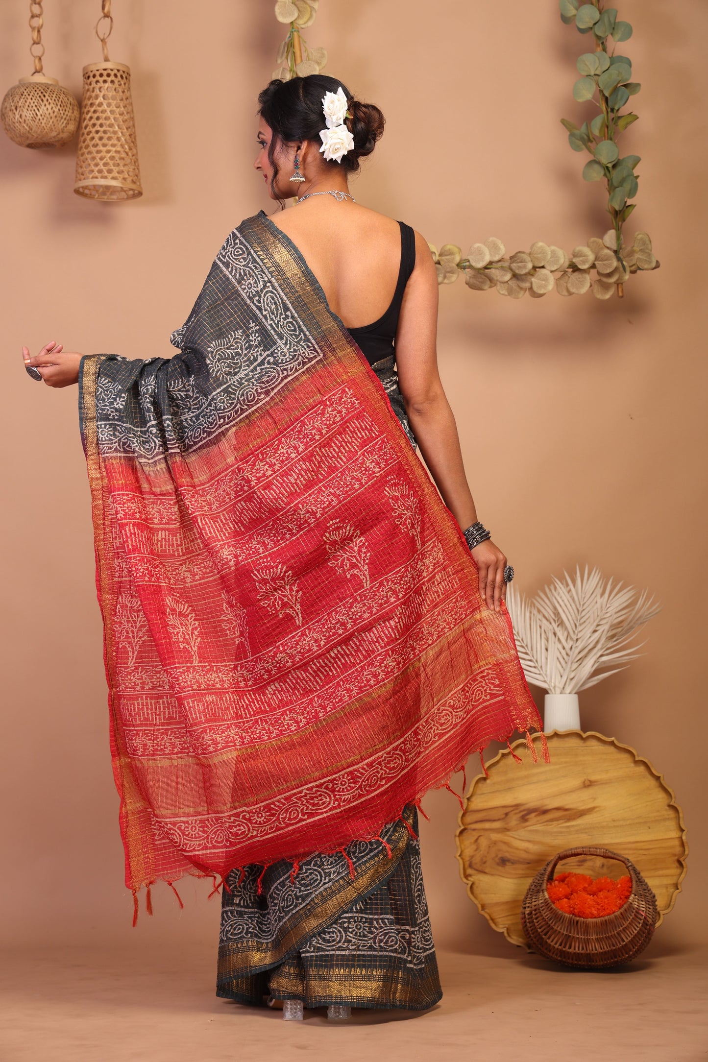 Anuttara Bhagalpuri Black & Red Cotton Silk Paisley/Floral/Checkered Saree with Unstitched Blouse_AFS1038-FS