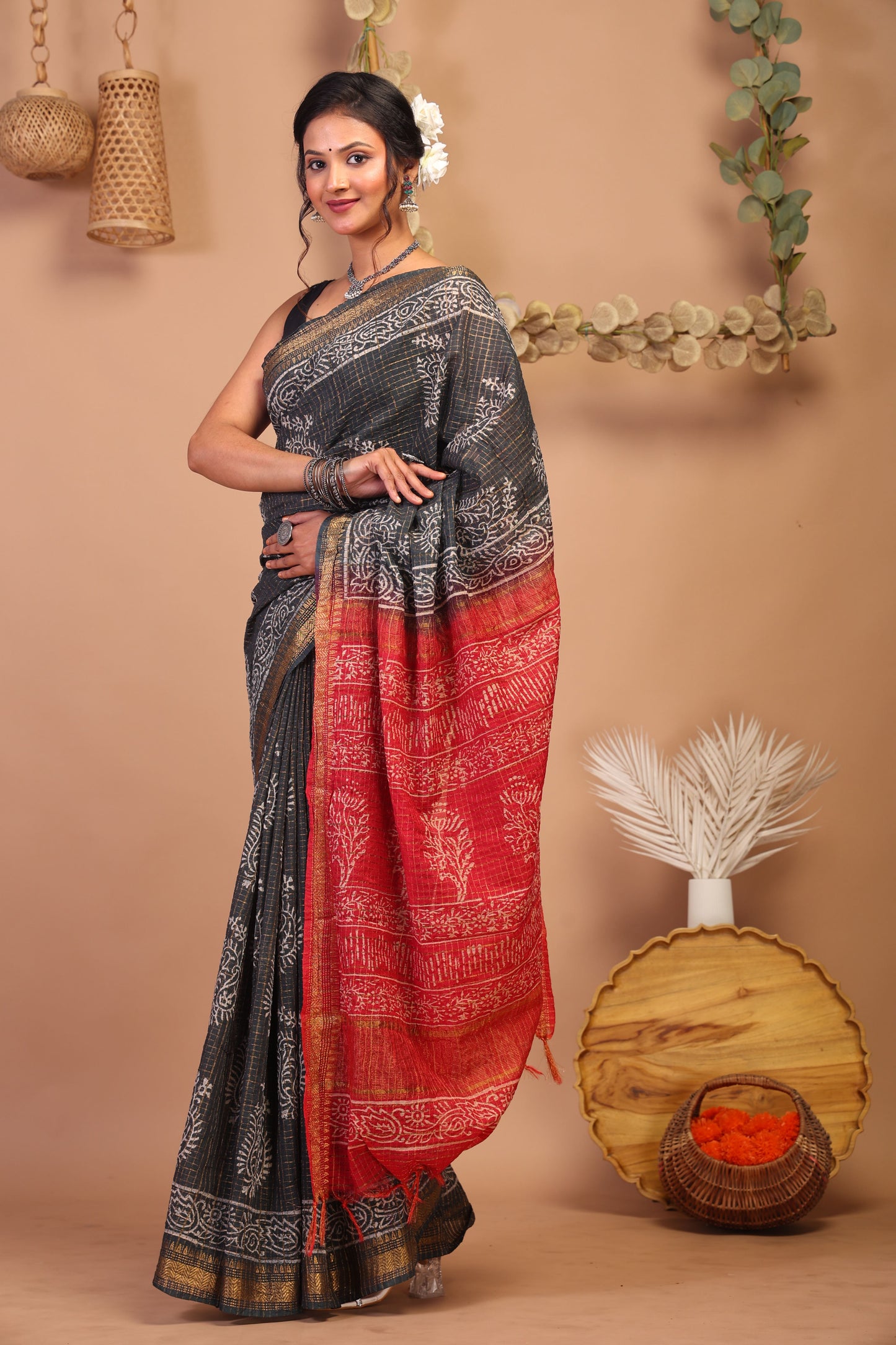 Anuttara Bhagalpuri Black & Red Cotton Silk Paisley/Floral/Checkered Saree with Unstitched Blouse_AFS1038-FS