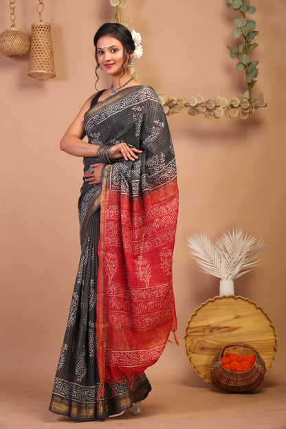 Anuttara Bhagalpuri Black & Red Cotton Silk Paisley/Floral/Checkered Saree with Unstitched Blouse_AFS1038-FS