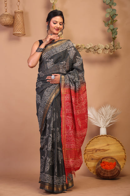 Anuttara Bhagalpuri Black & Red Cotton Silk Paisley/Floral/Checkered Saree with Unstitched Blouse_AFS1038-FS