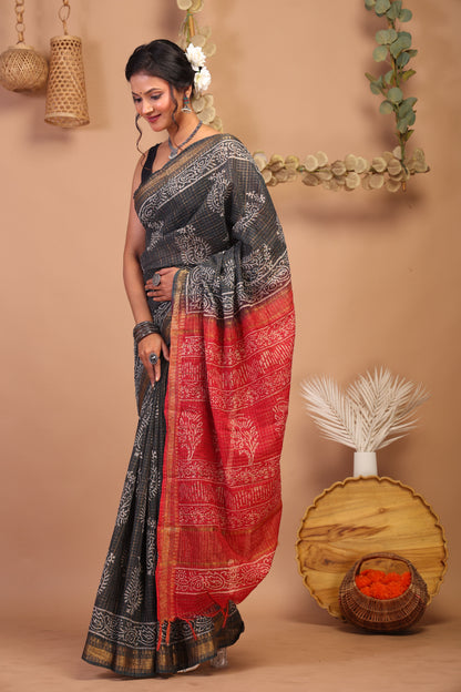 Anuttara Bhagalpuri Black & Red Cotton Silk Paisley/Floral/Checkered Saree with Unstitched Blouse_AFS1038-FS