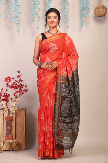 Anuttara Bhagalpuri Red & Black Cotton Silk Paisley/Floral/Checkered Saree with Unstitched Blouse_AFS1039-FS