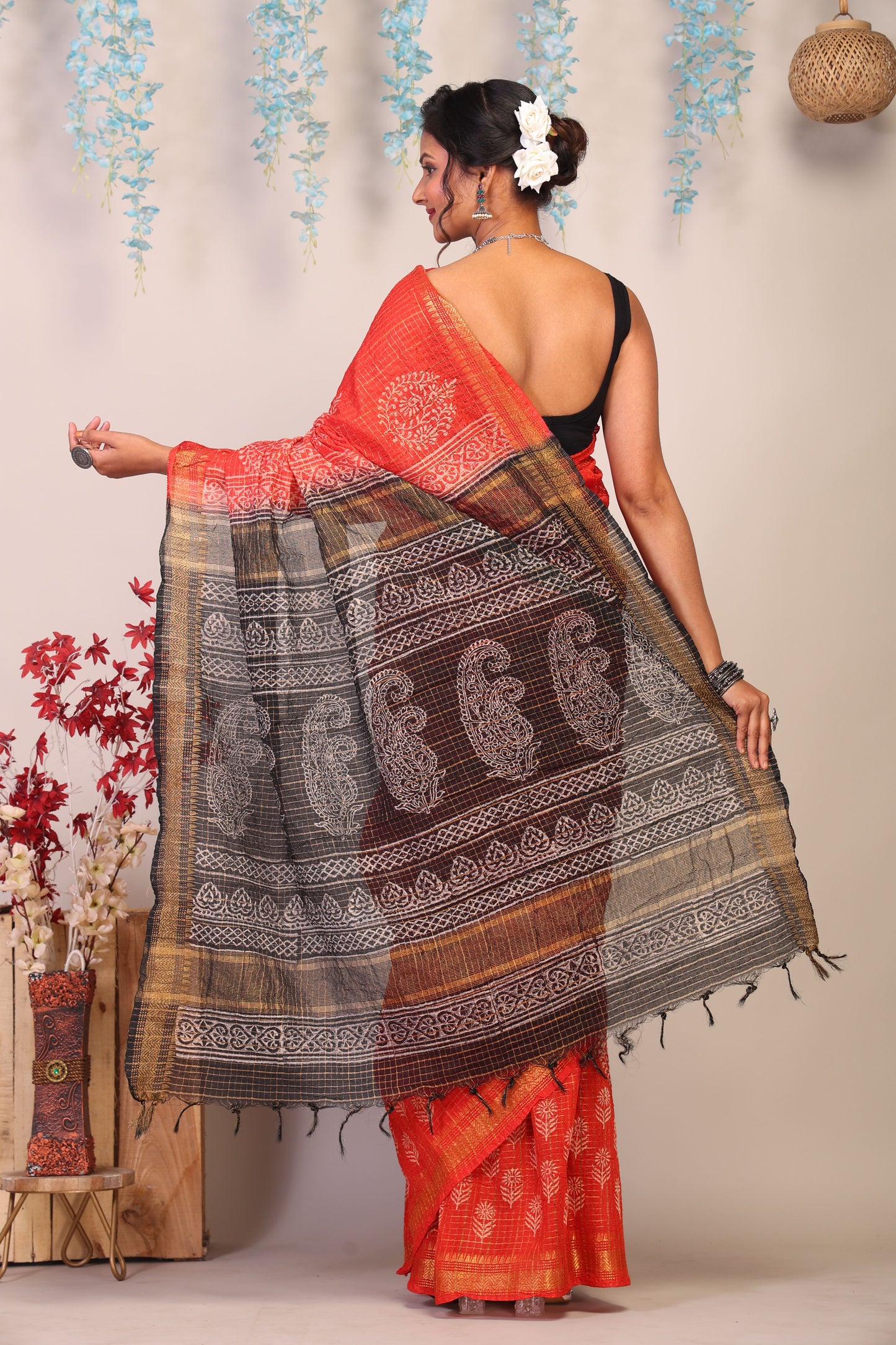 Anuttara Bhagalpuri Red & Black Cotton Silk Paisley/Floral/Checkered Saree with Unstitched Blouse_AFS1039-FS