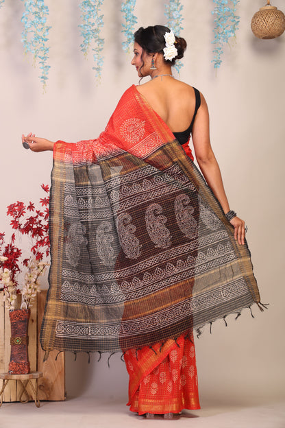 Anuttara Bhagalpuri Red & Black Cotton Silk Paisley/Floral/Checkered Saree with Unstitched Blouse_AFS1039-FS