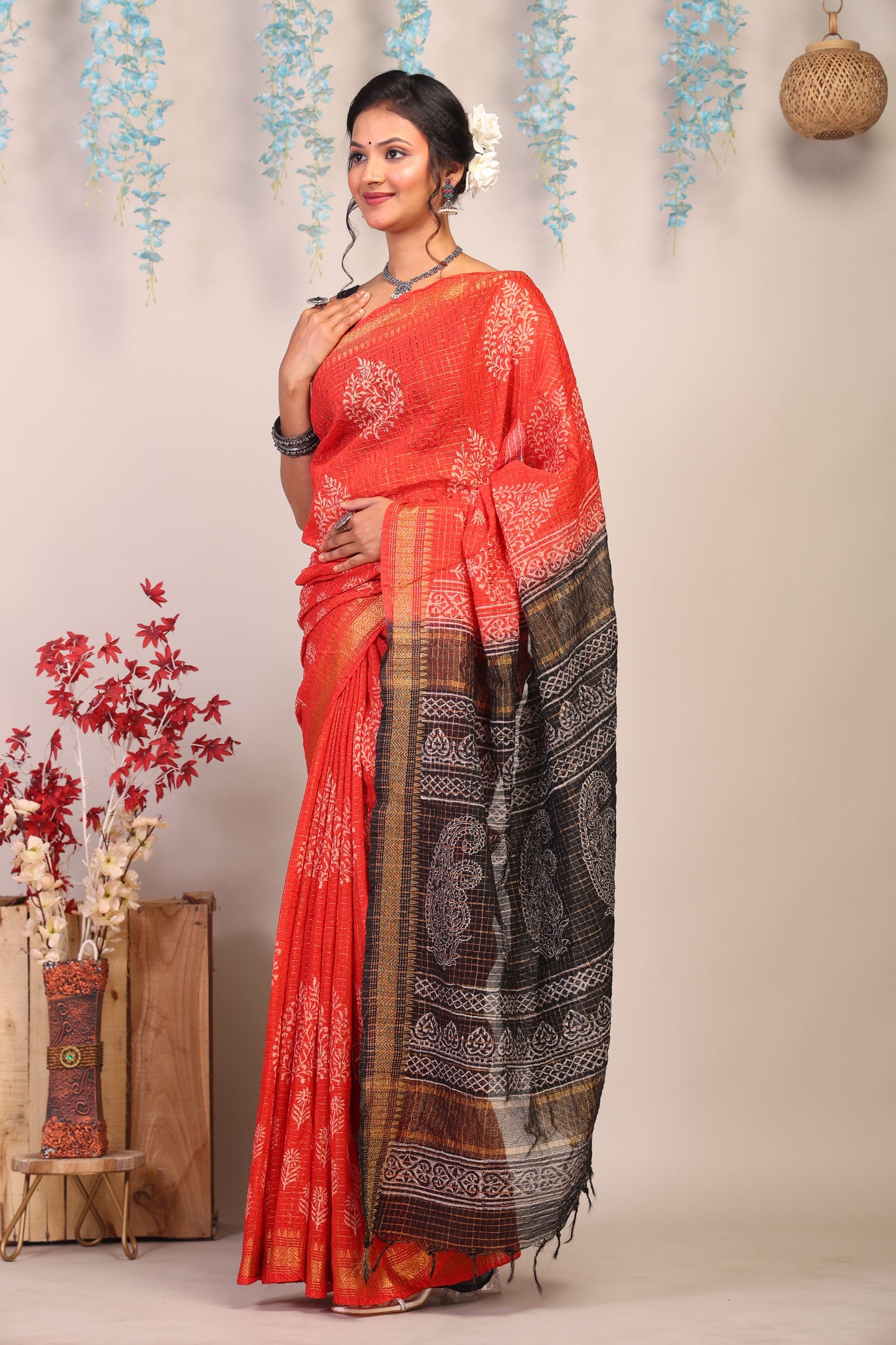 Anuttara Bhagalpuri Red & Black Cotton Silk Paisley/Floral/Checkered Saree with Unstitched Blouse_AFS1039-FS