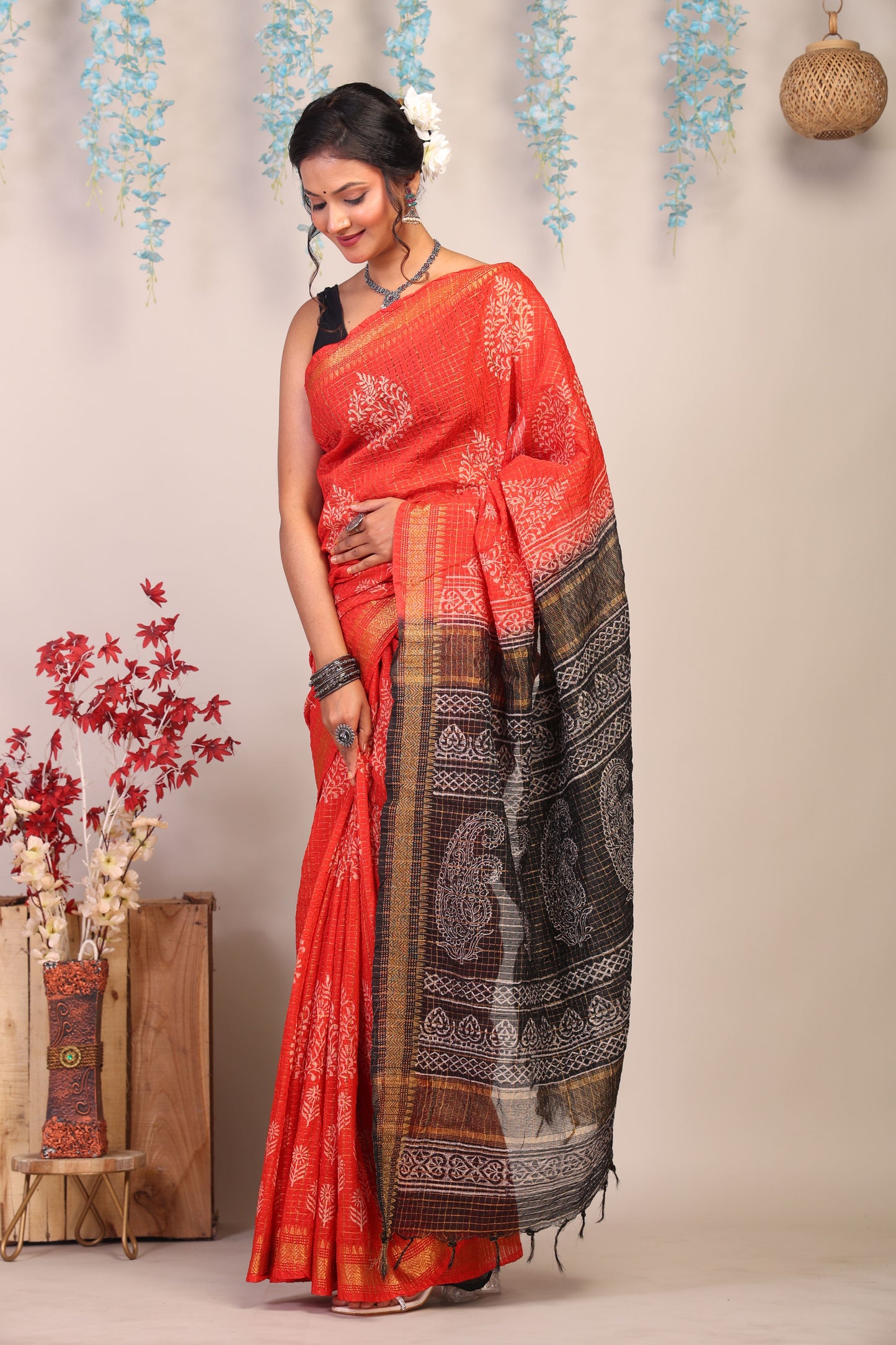 Anuttara Bhagalpuri Red & Black Cotton Silk Paisley/Floral/Checkered Saree with Unstitched Blouse_AFS1039-FS