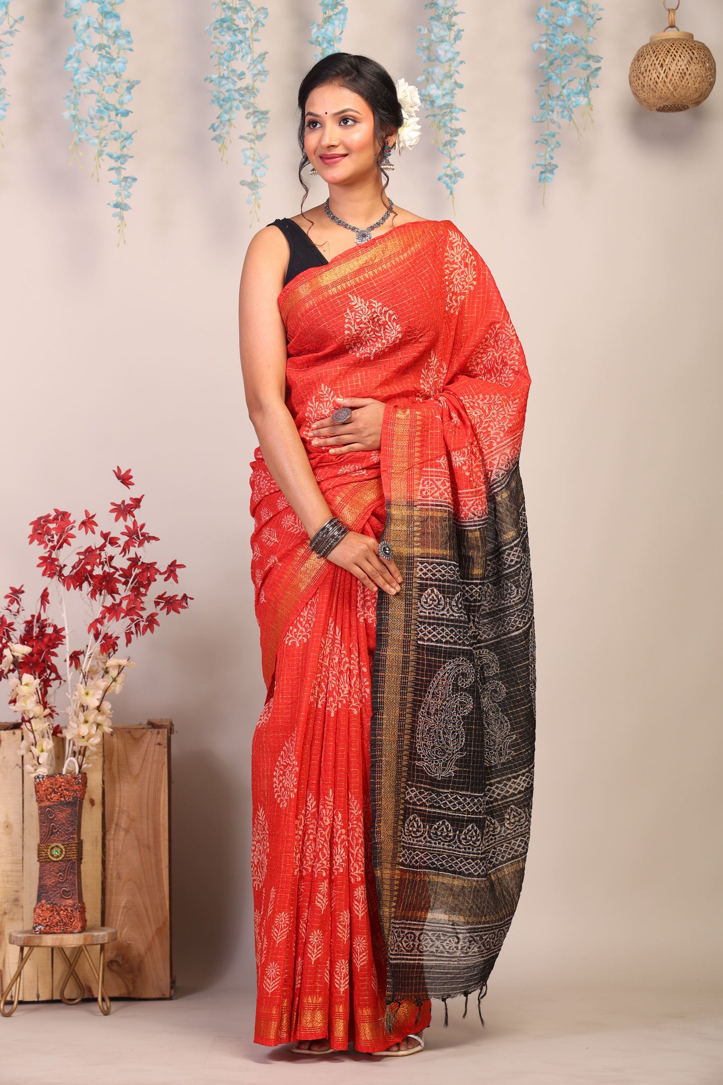 Anuttara Bhagalpuri Red & Black Cotton Silk Paisley/Floral/Checkered Saree with Unstitched Blouse_AFS1039-FS