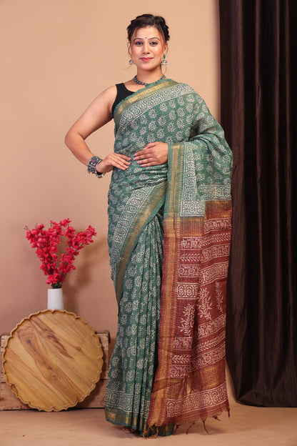 Anuttara Bhagalpuri Green & Brown Cotton Silk Tribal/Checkered Saree with Unstitched Blouse_AFS1040-FS