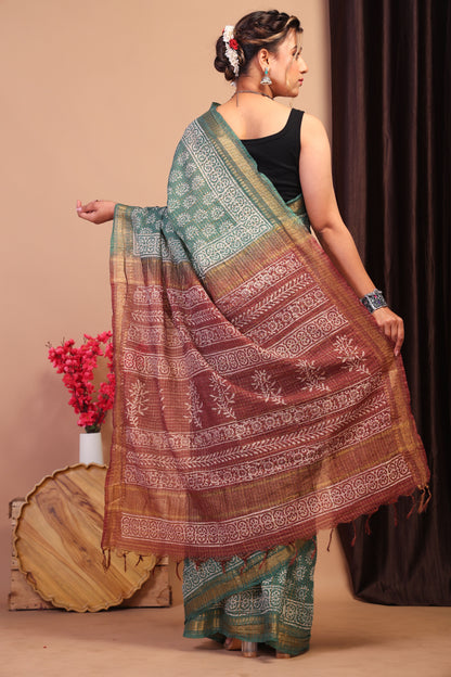 Anuttara Bhagalpuri Green & Brown Cotton Silk Tribal/Checkered Saree with Unstitched Blouse_AFS1040-FS