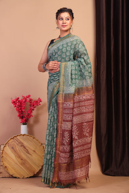 Anuttara Bhagalpuri Green & Brown Cotton Silk Tribal/Checkered Saree with Unstitched Blouse_AFS1040-FS