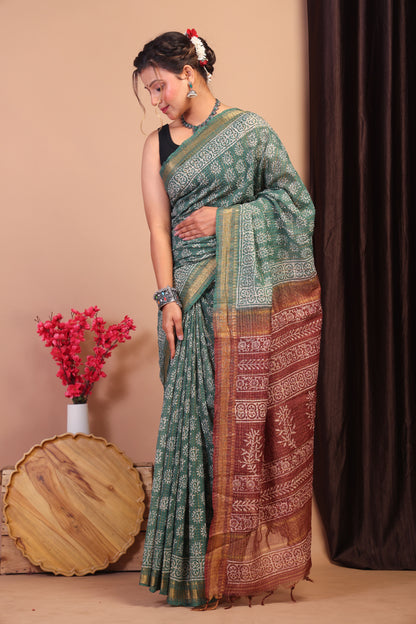 Anuttara Bhagalpuri Green & Brown Cotton Silk Tribal/Checkered Saree with Unstitched Blouse_AFS1040-FS