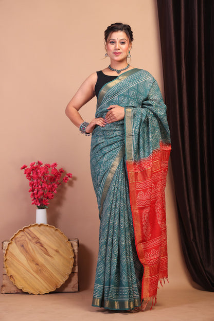 Anuttara Bhagalpuri Teal Green & Red Cotton Silk Bandhani/Paisley Saree with Unstitched Blouse_AFS1041-FS