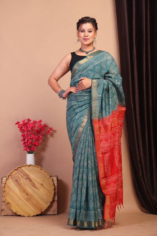 Anuttara Bhagalpuri Teal Green & Red Cotton Silk Bandhani/Paisley Saree with Unstitched Blouse_AFS1041-FS