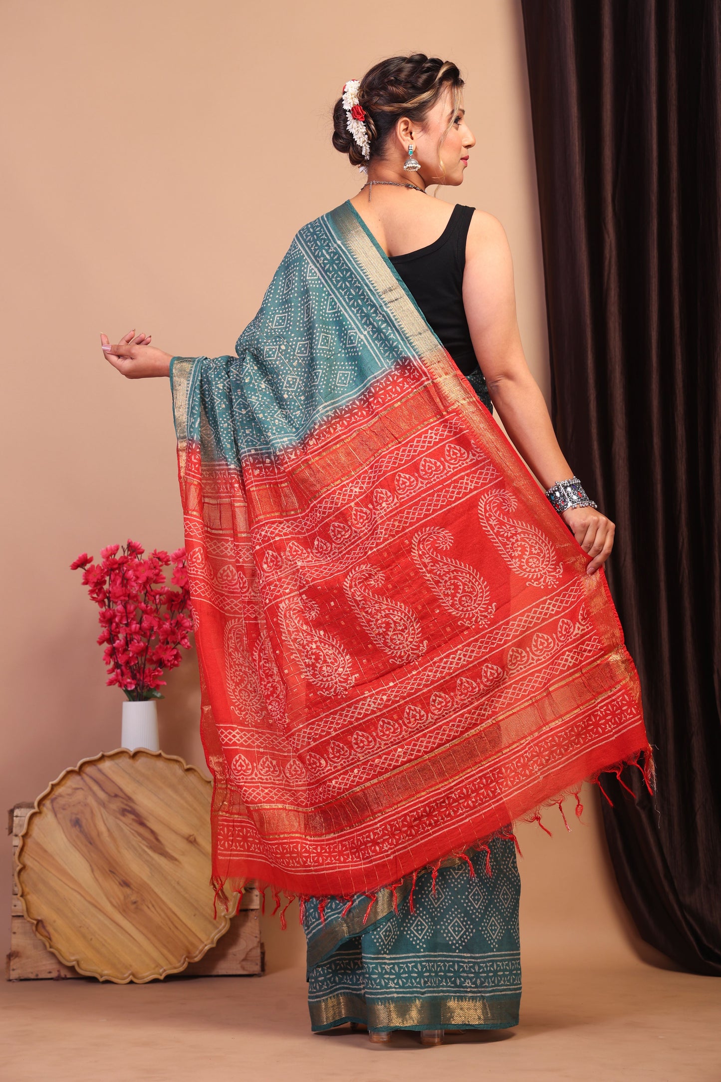 Anuttara Bhagalpuri Teal Green & Red Cotton Silk Bandhani/Paisley Saree with Unstitched Blouse_AFS1041-FS