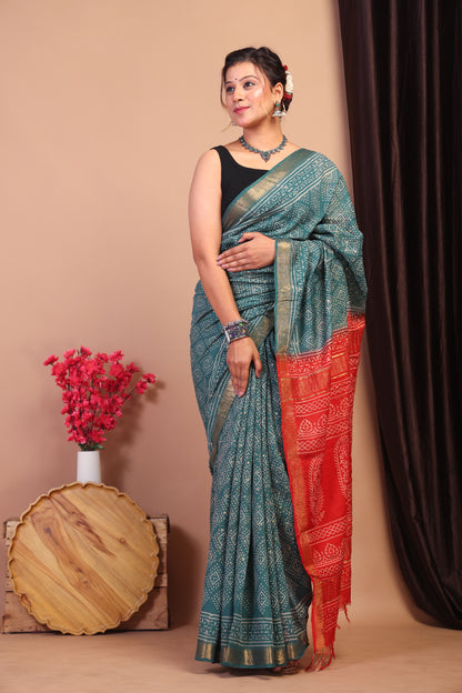 Anuttara Bhagalpuri Teal Green & Red Cotton Silk Bandhani/Paisley Saree with Unstitched Blouse_AFS1041-FS