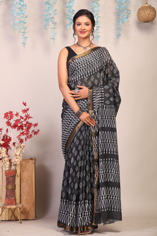 Anuttara Bhagalpuri Black & White Cotton Silk Floral Saree with Unstitched Blouse_AFS1042-FS