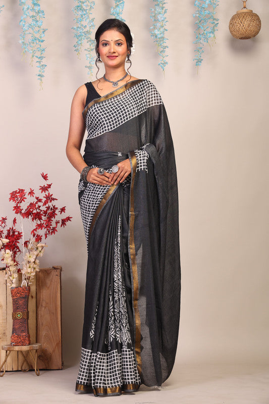 Anuttara Bhagalpuri Black & White Cotton Silk Checkered/Floral Saree with Unstitched Blouse_AFS1043-FS