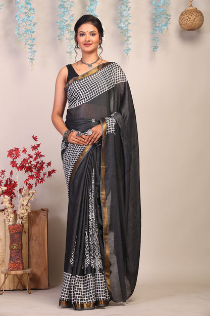 Anuttara Bhagalpuri Black & White Cotton Silk Checkered/Floral Saree with Unstitched Blouse_AFS1043-FS