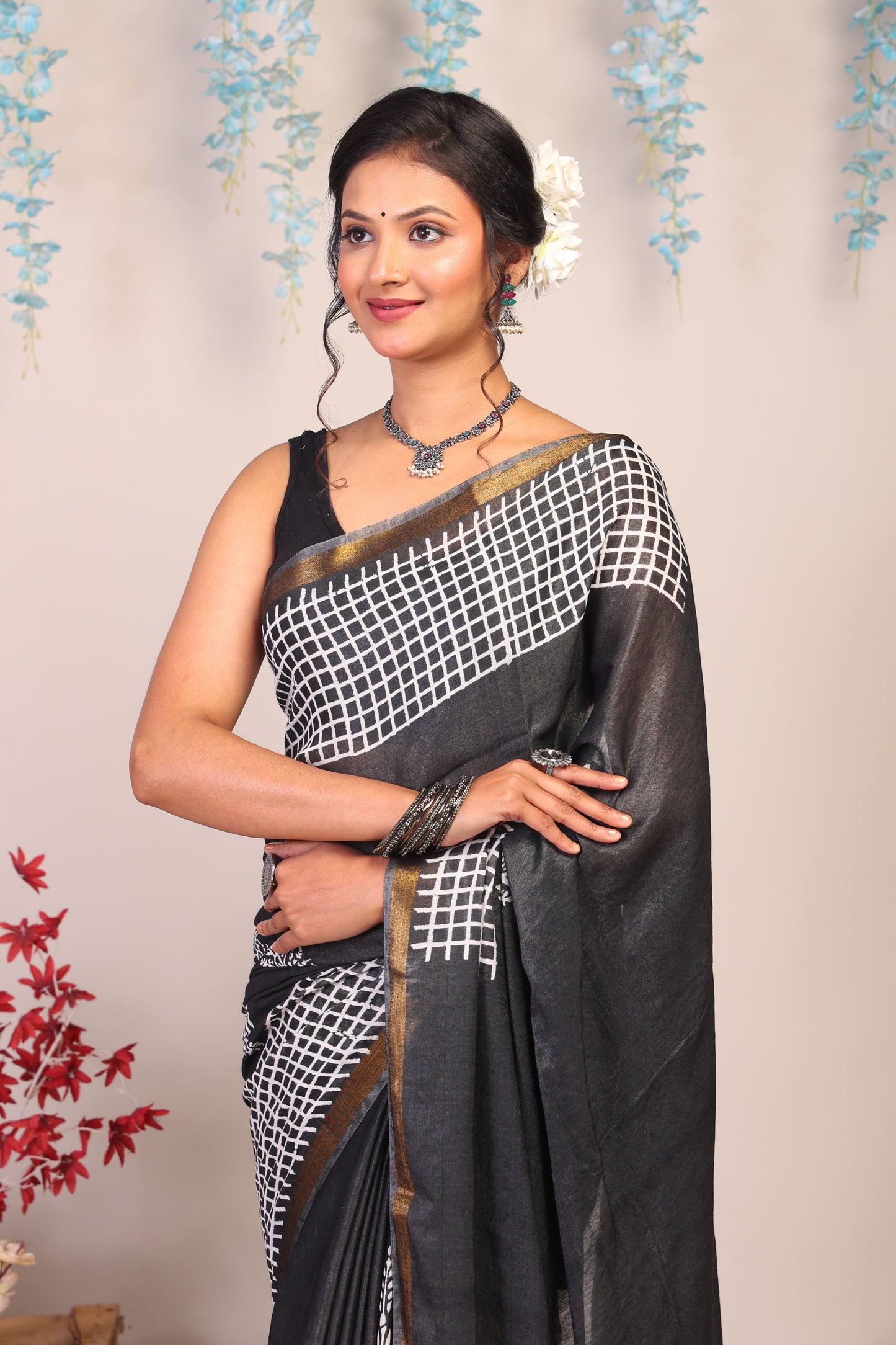 Anuttara Bhagalpuri Black & White Cotton Silk Checkered/Floral Saree with Unstitched Blouse_AFS1043-FS