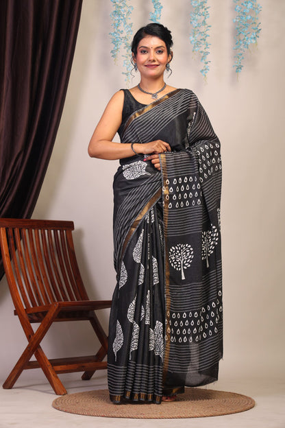 Anuttara Bhagalpuri Black & White Cotton Silk Floral Saree with Unstitched Blouse_AFS1044-FS