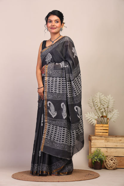 Anuttara Bhagalpuri Black & White Cotton Silk Floral Saree with Unstitched Blouse_AFS1045-FS
