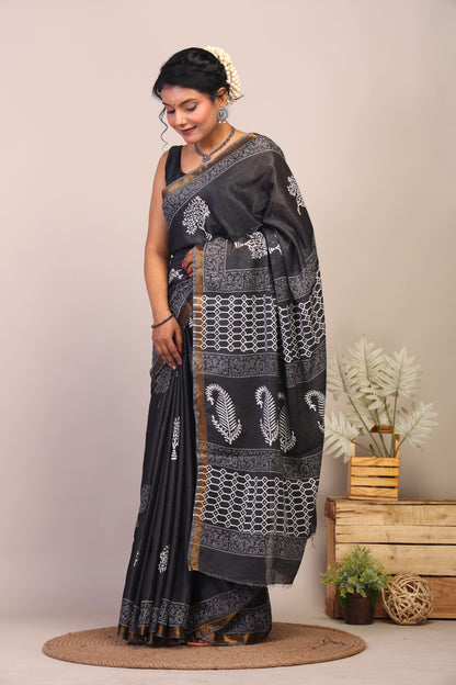 Anuttara Bhagalpuri Black & White Cotton Silk Floral Saree with Unstitched Blouse_AFS1045-FS