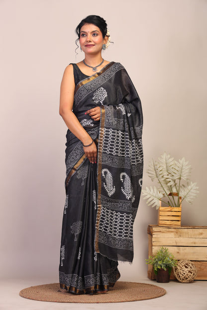 Anuttara Bhagalpuri Black & White Cotton Silk Floral Saree with Unstitched Blouse_AFS1045-FS