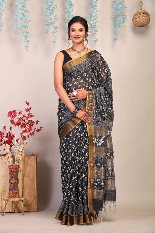 Anuttara Bhagalpuri Black & White Cotton Silk Floral Saree with Unstitched Blouse_AFS1050-FS