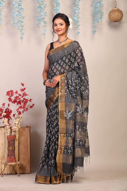 Anuttara Bhagalpuri Black & White Cotton Silk Floral Saree with Unstitched Blouse_AFS1050-FS