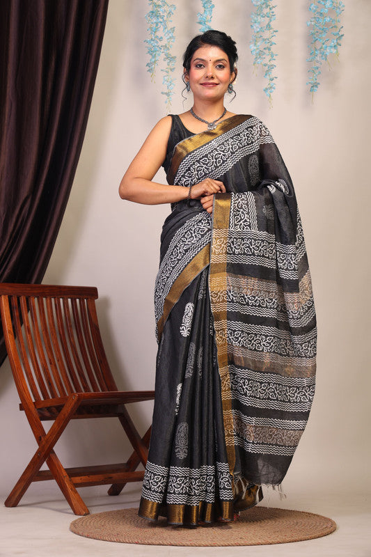 Anuttara Bhagalpuri Black & White Cotton Silk Paisley Saree with Unstitched Blouse_AFS1051-FS