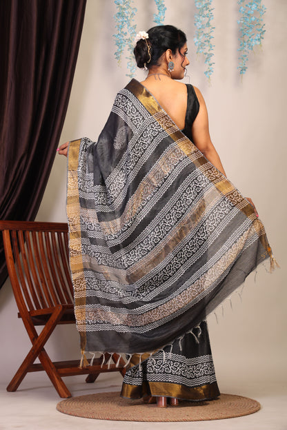 Anuttara Bhagalpuri Black & White Cotton Silk Paisley Saree with Unstitched Blouse_AFS1051-FS