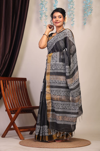 Anuttara Bhagalpuri Black & White Cotton Silk Paisley Saree with Unstitched Blouse_AFS1051-FS