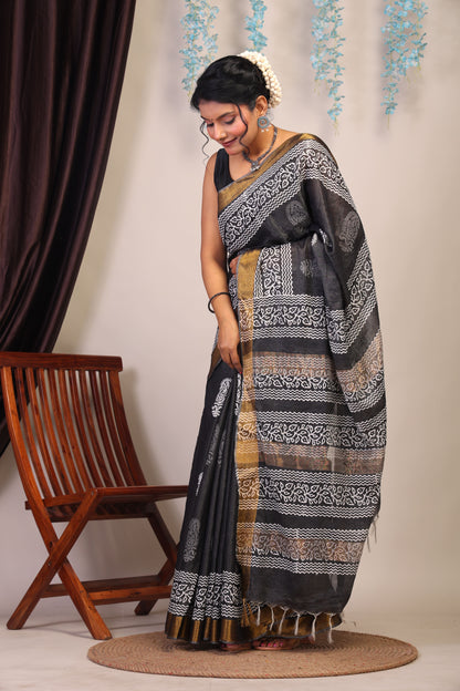 Anuttara Bhagalpuri Black & White Cotton Silk Paisley Saree with Unstitched Blouse_AFS1051-FS