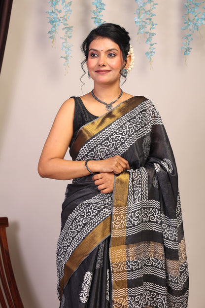 Anuttara Bhagalpuri Black & White Cotton Silk Paisley Saree with Unstitched Blouse_AFS1051-FS