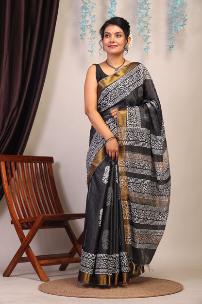 Anuttara Bhagalpuri Black & White Cotton Silk Paisley Saree with Unstitched Blouse_AFS1051-FS
