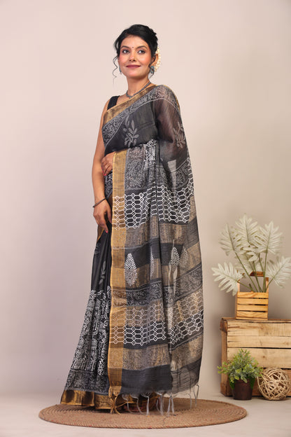 Anuttara Bhagalpuri Black & White Cotton Silk Floral/Tribal Saree with Unstitched Blouse_AFS1052-FS