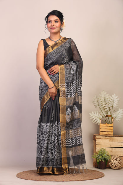 Anuttara Bhagalpuri Black & White Cotton Silk Floral/Tribal Saree with Unstitched Blouse_AFS1052-FS