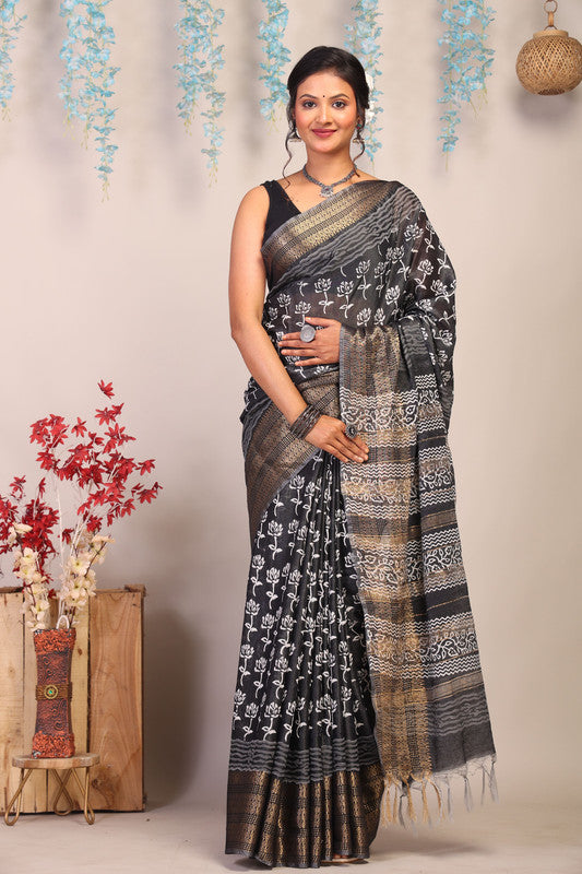 Anuttara Bhagalpuri Black & White Cotton Silk Floral Saree with Unstitched Blouse_AFS1053-FS