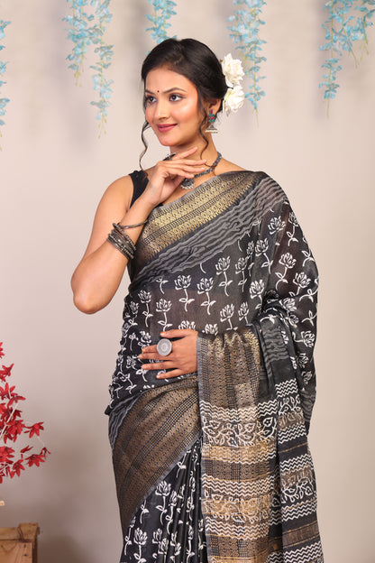 Anuttara Bhagalpuri Black & White Cotton Silk Floral Saree with Unstitched Blouse_AFS1053-FS