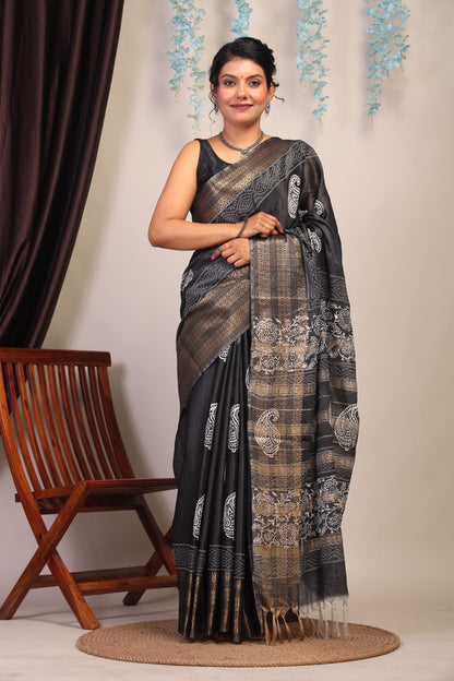 Anuttara Bhagalpuri Black & White Cotton Silk Paisley Saree with Unstitched Blouse_AFS1055-FS