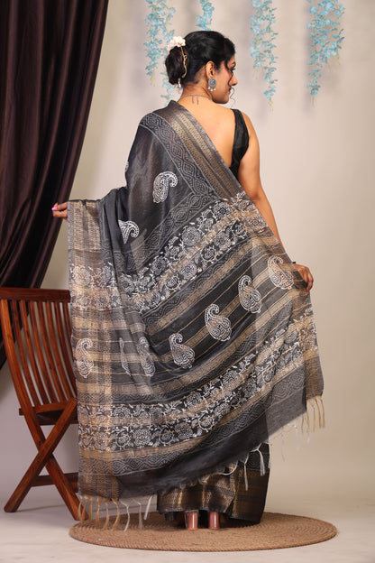 Anuttara Bhagalpuri Black & White Cotton Silk Paisley Saree with Unstitched Blouse_AFS1055-FS